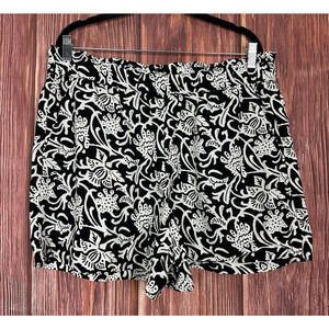 LOFT Elastic Waist Floral Print Linen Blend Shorts Black and White Size Large